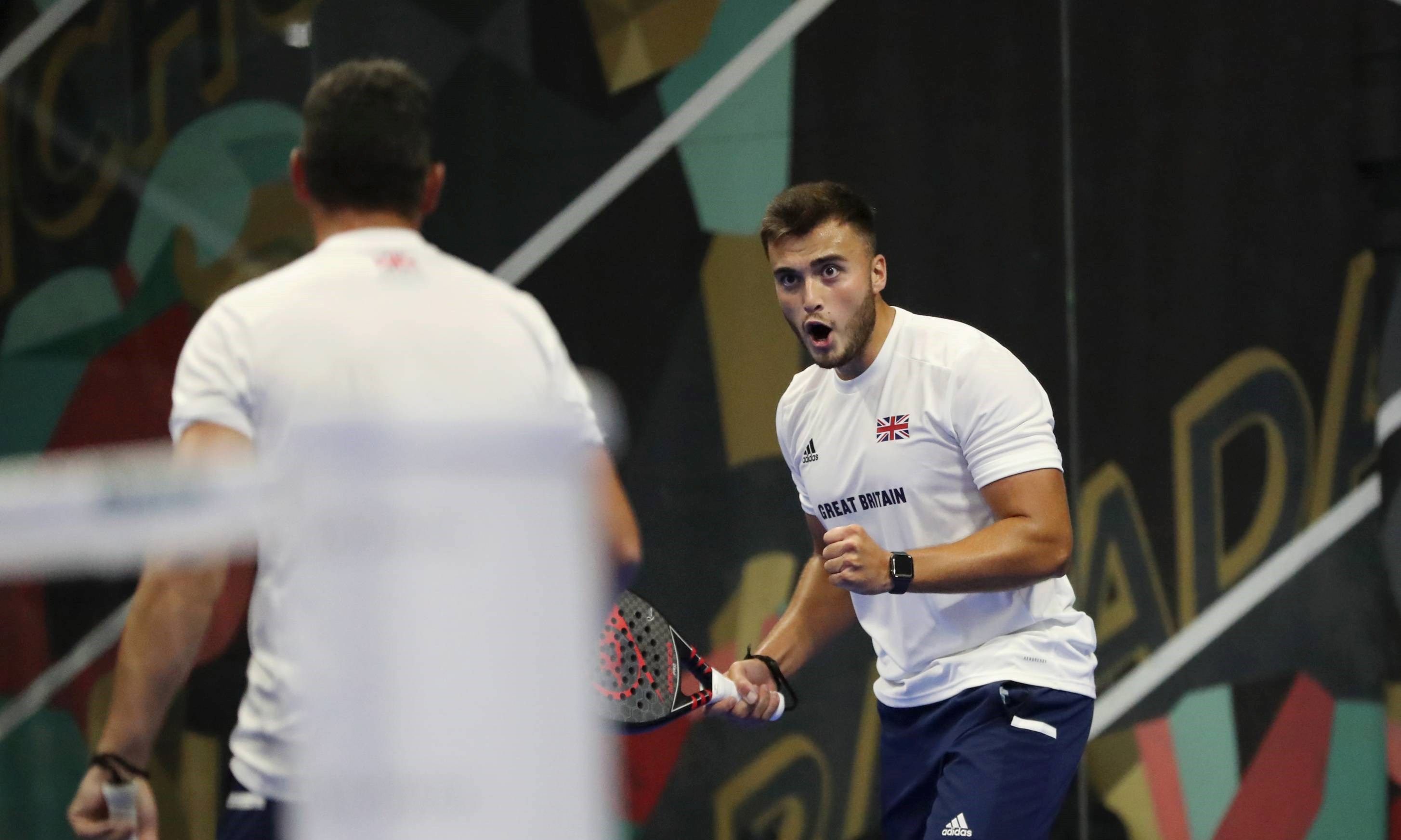 Louie Harris celebrates winning a point at the World Padel Championships qualifiers