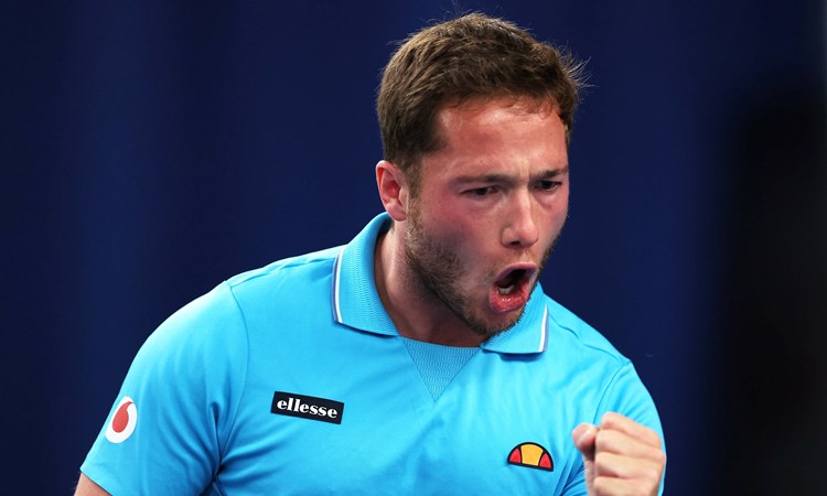 Alfie Hewett of Great Britain celebrates a point against Martin De La Puente of Spain in the men's single's semi final during the Lexus British Open Wheelchair Tennis Championships at Lexus Nottingham Tennis Centre on August 05, 2023 in Nottingham, England.