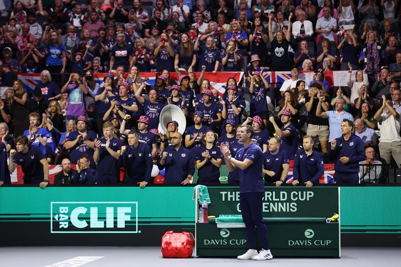 The crowd cheering on the GB team at the Davis Cup finals