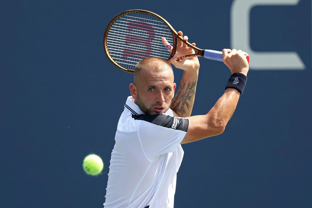 Dan Evans lines up a backhand in the opening round at the US Open