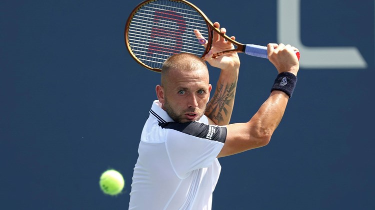 Dan Evans lines up a backhand in the opening round at the US Open