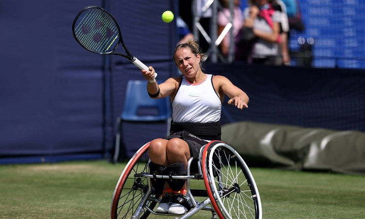 Lucy Shuker hits a forehand at the Rothesay International Eastbourne