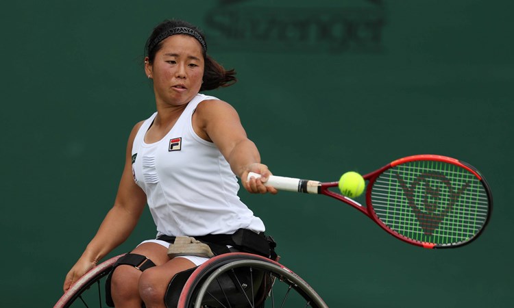 Japan's Yui Kamiji hitting a forehand at the Lexus British Open Roehampton