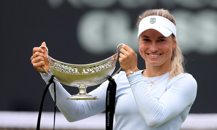 Yulia Putintseva of Kazakhstan poses for a photo with the Maud Watson trophy following victory against Ajla Tomljanovic of Australia in the Women's Singles Final match on Day Nine of the Rothesay Classic Birmingham at Edgbaston Priory Club on June 23, 2024 in Birmingham, England.