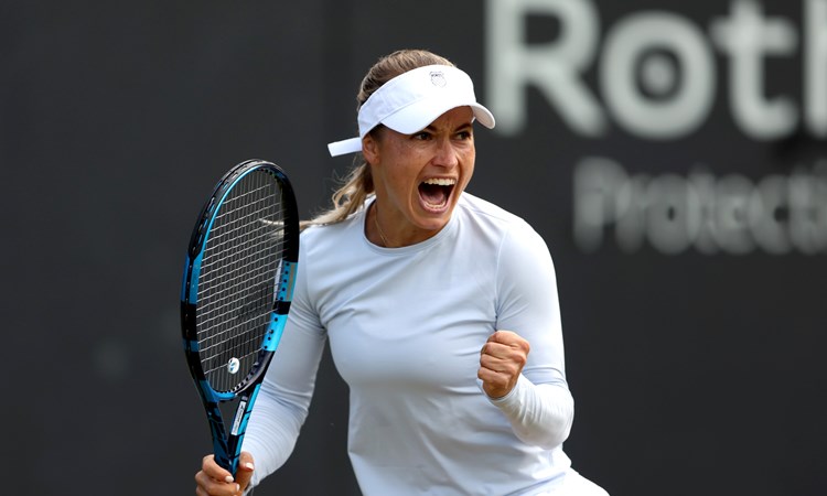 Yulia Putintseva of Kazakhstan celebrates against Caroline Dolehide of United States during the Women's Singles Quarter Final match on Day Seven of the Rothesay Classic Birmingham at Edgbaston Priory Club on June 21, 2024 in Birmingham, England.