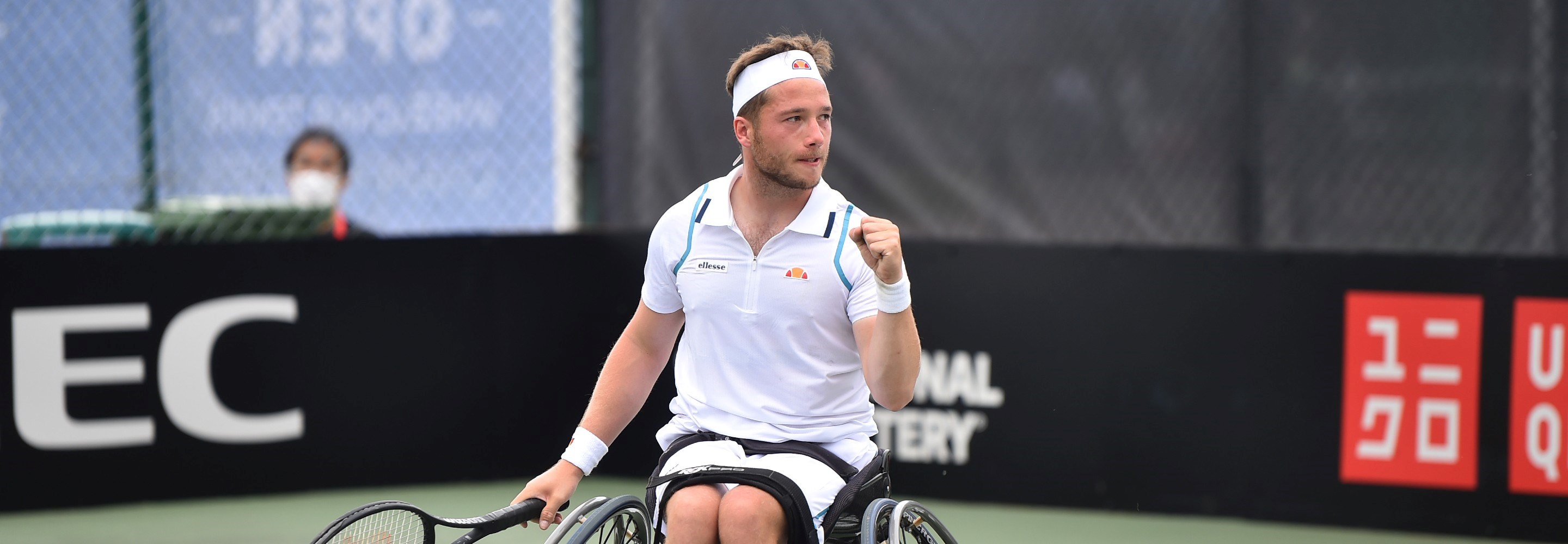 Alfie Hewett celebrates point in the men's singles final match during the 2021 British Open Wheelchair Tennis Championships